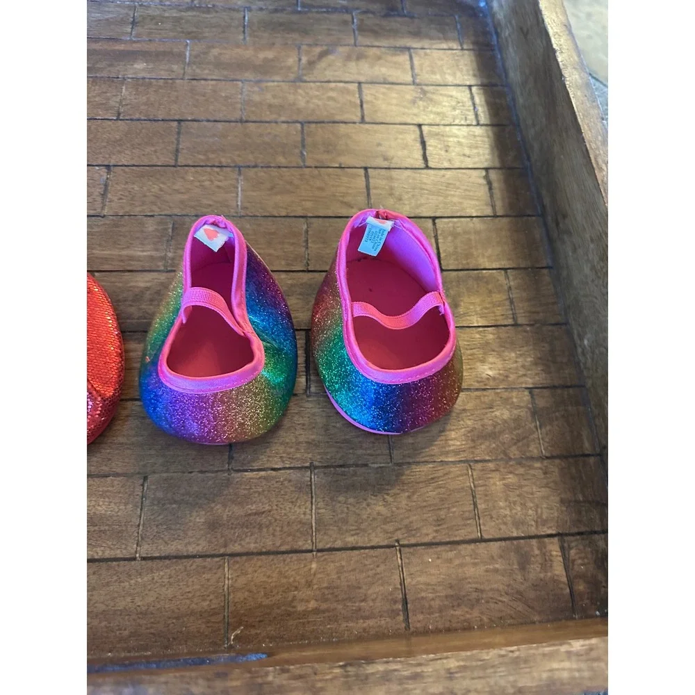 Build-A-Bear Shoes Bundle Red Sequin Bow Flats Rainbow Glitter MaryJanes BAB EUC